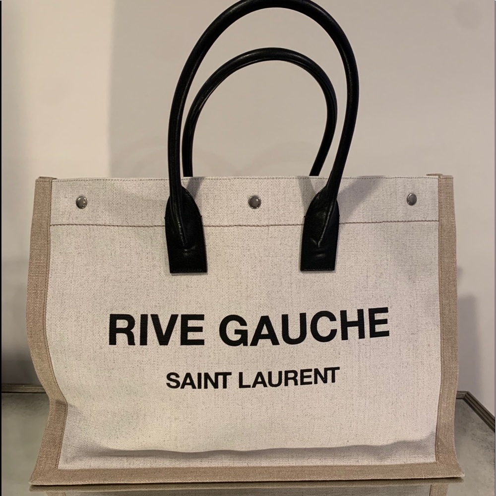 Saint Laurent Rive Gauche Canvas Tote in Cream with Black Handles